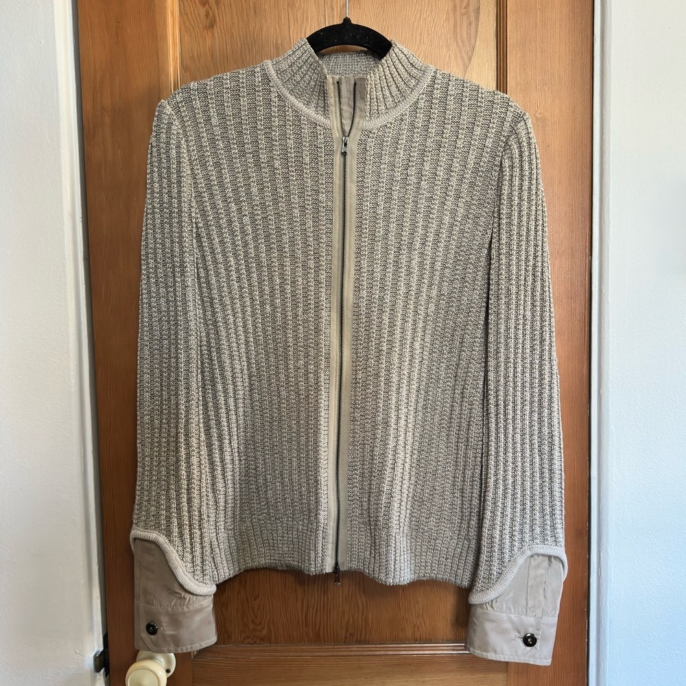 st. john linen silk wool blend knit full double zip jacket